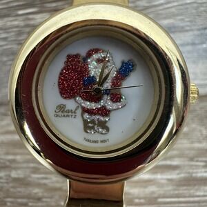 Vintage Pearl Santa Claus Christmas Watch Gold Color Band Needs New Battery